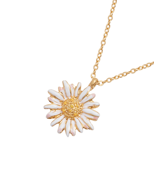 Gold necklace with a white flower pendant on a white background