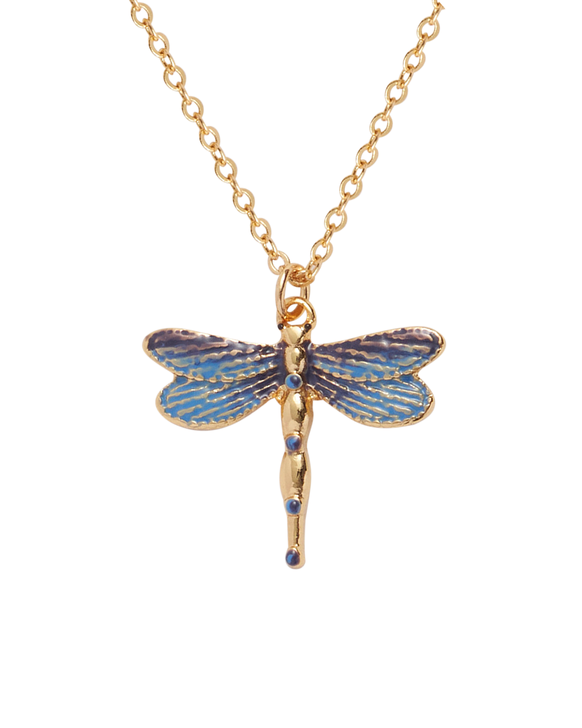 Gold and blue dragonfly pendant necklace on a white background