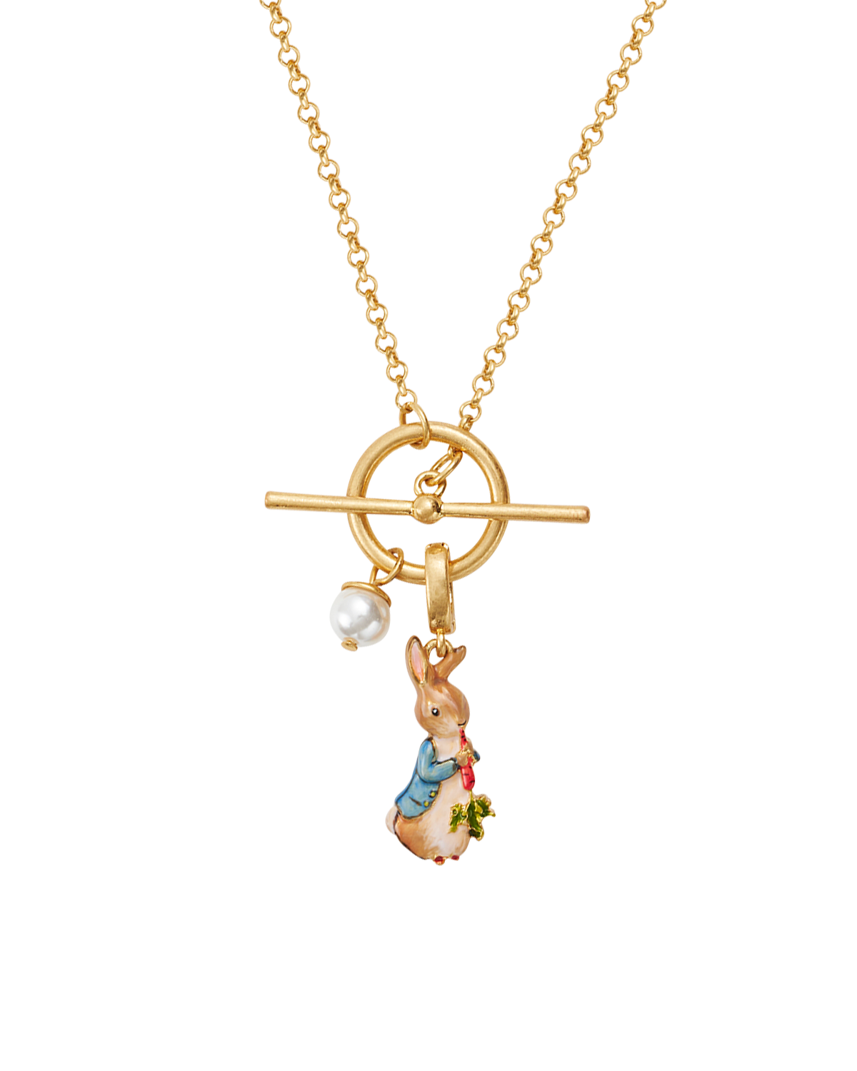 Gold necklace with peter rabbit with carrot pendant and pearl on a white background