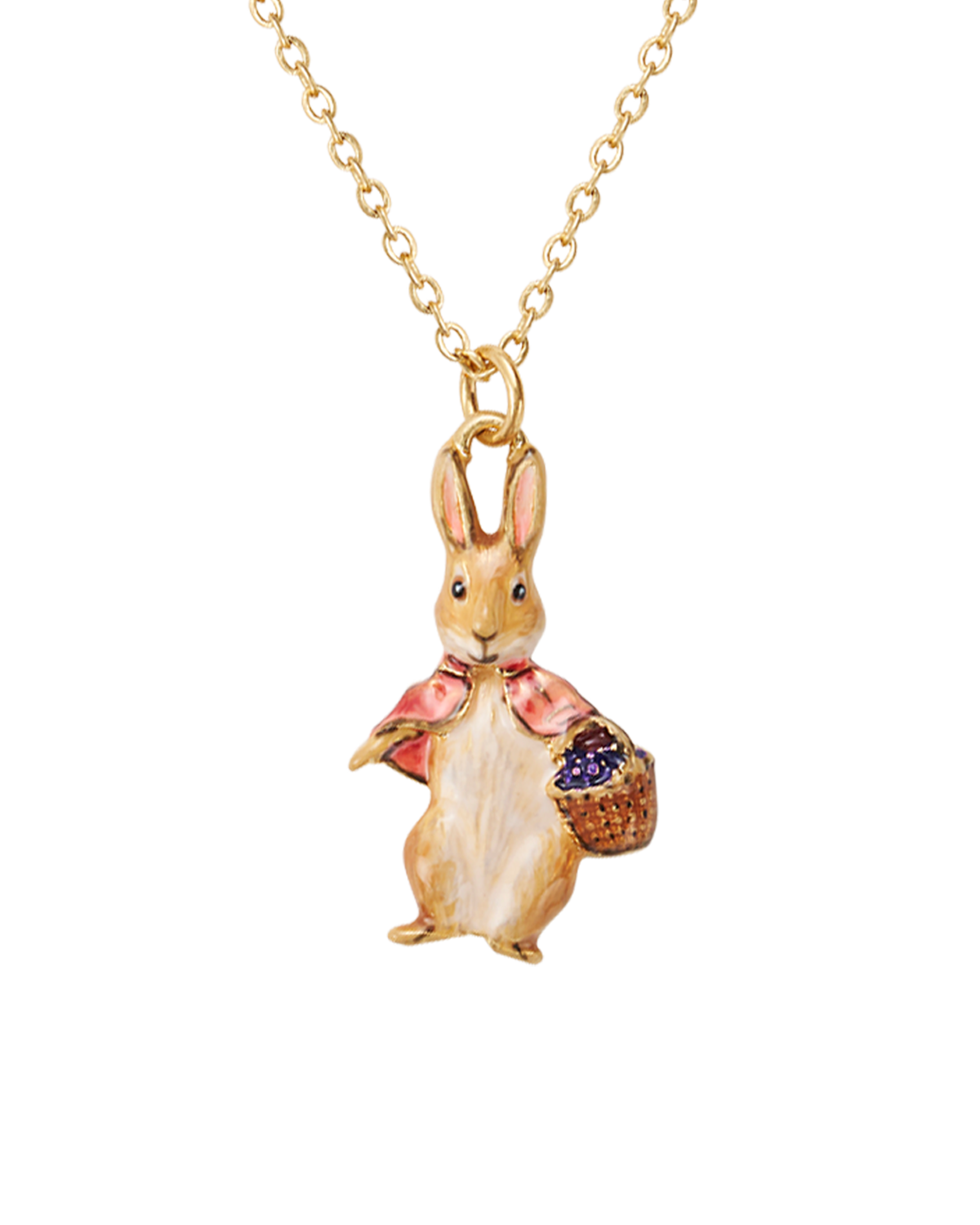 Gold necklace with a Cotton tail rabbit pendant holding a basket on a white background