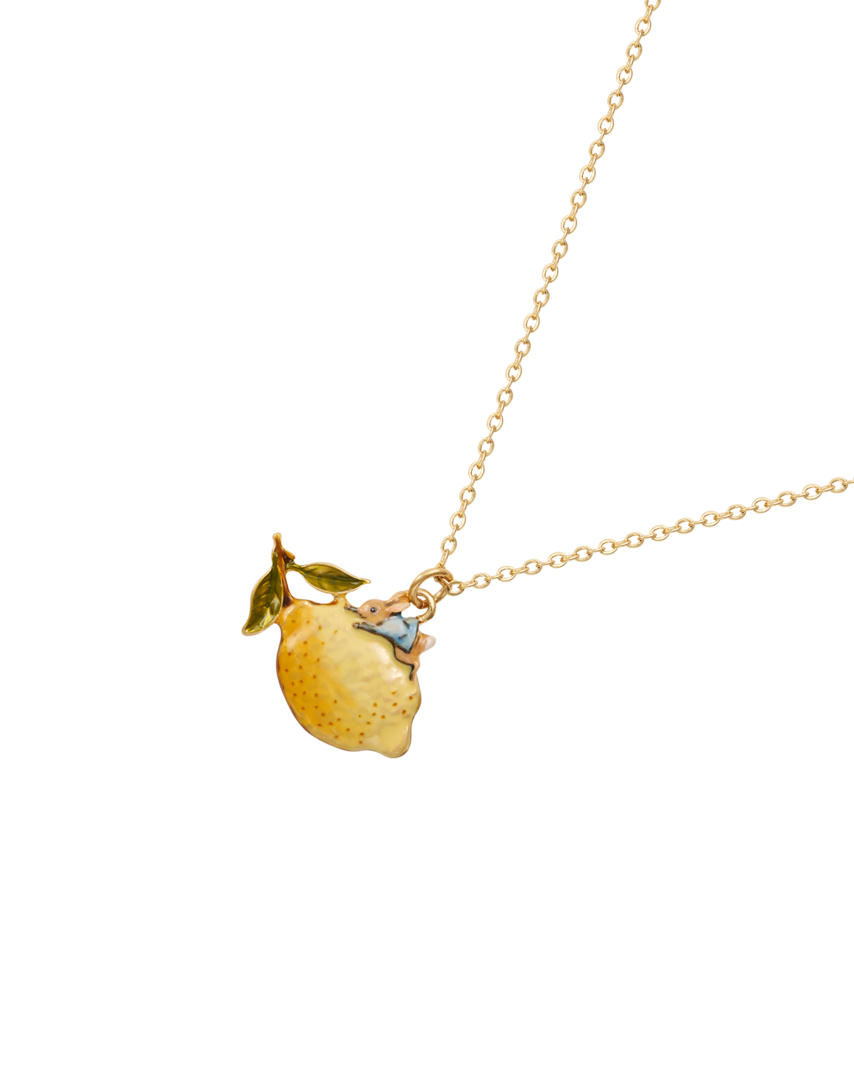 Necklace with a lemon-shaped pendant on a white background
