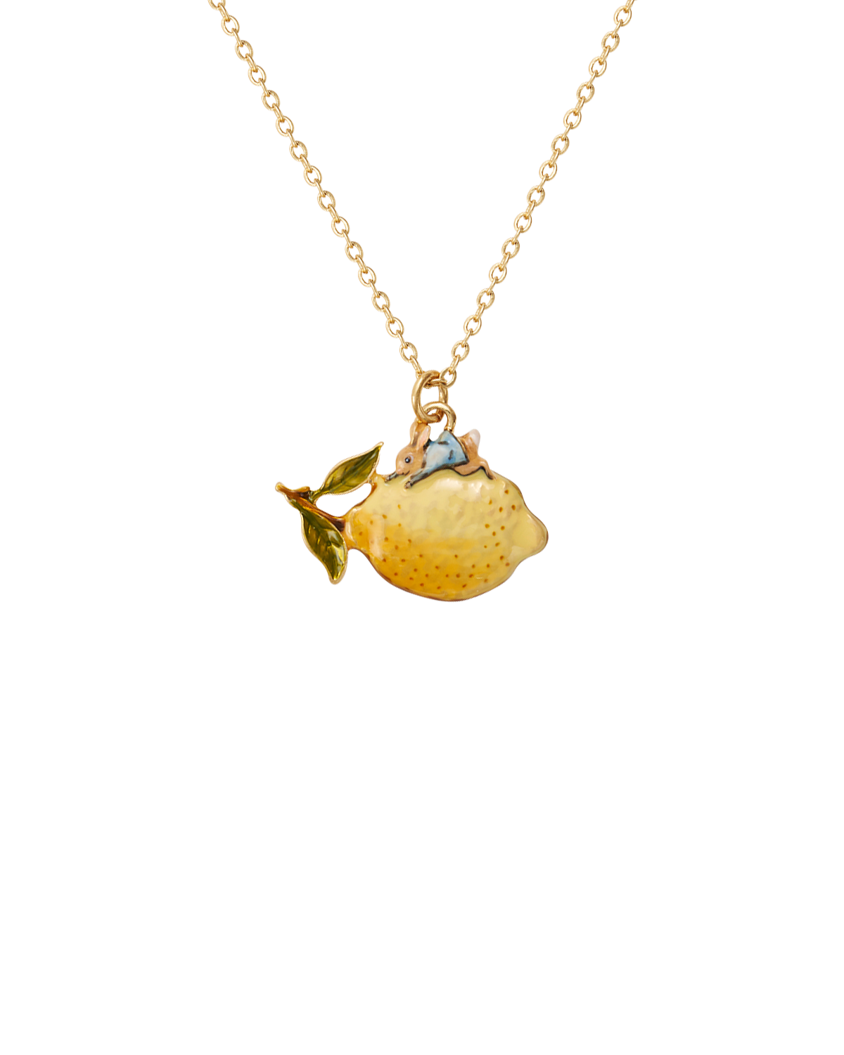 Gold necklace with a lemon-shaped pendant on a white background