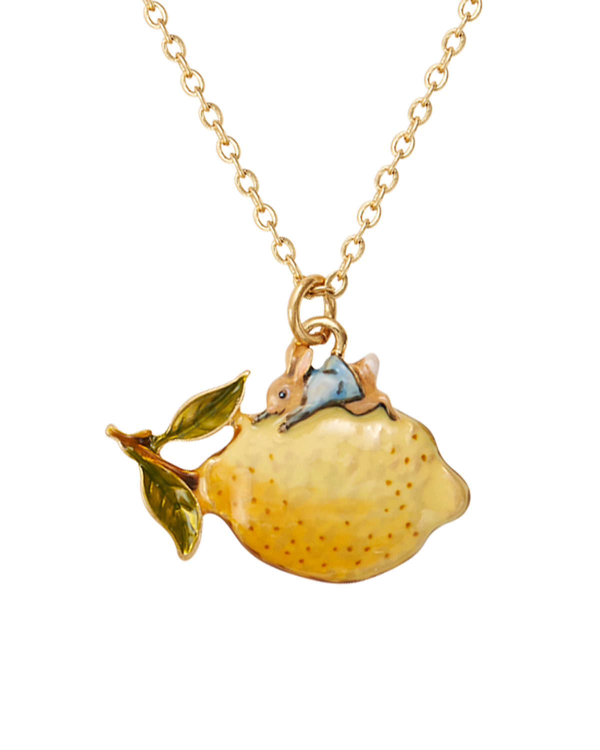 Lemon-shaped pendant with Peter Rabbit on a gold chain against a white background