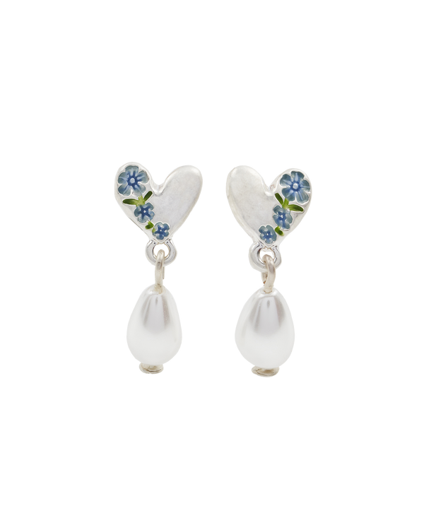 Forget Me Not Heart & Pearl Silver Earrings