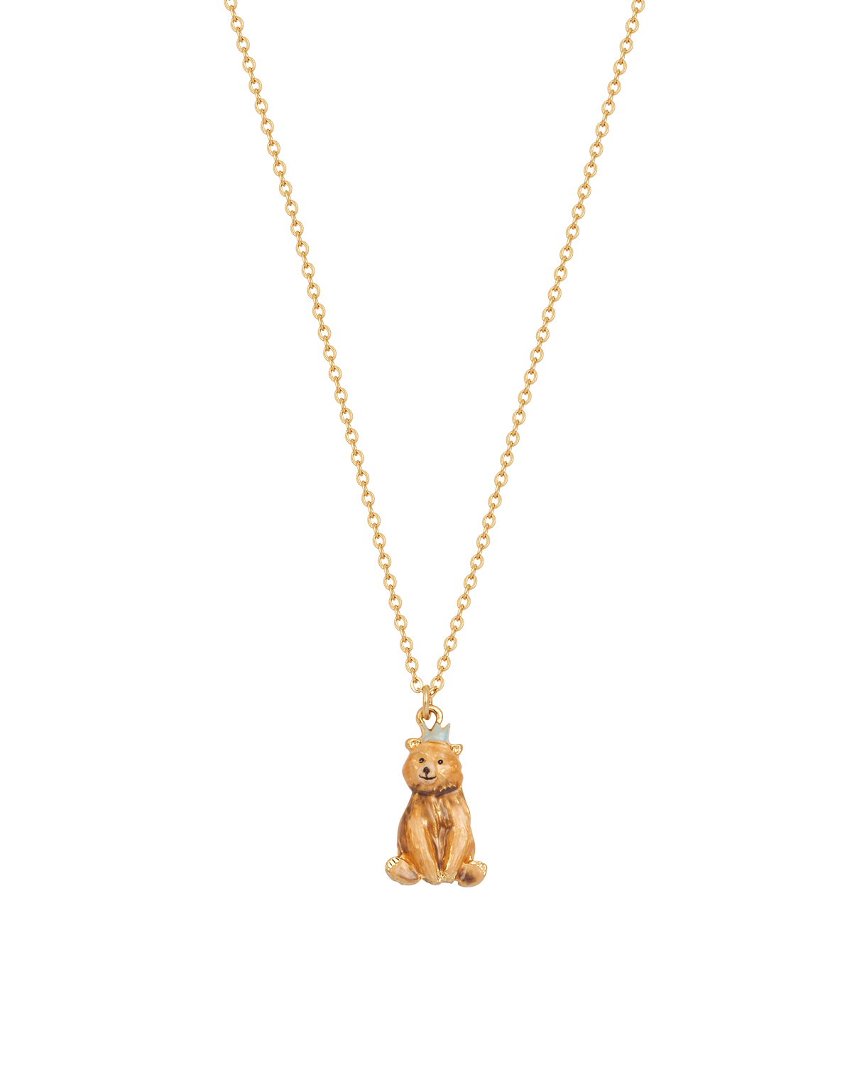 Gold necklace with a bear pendant on a white background