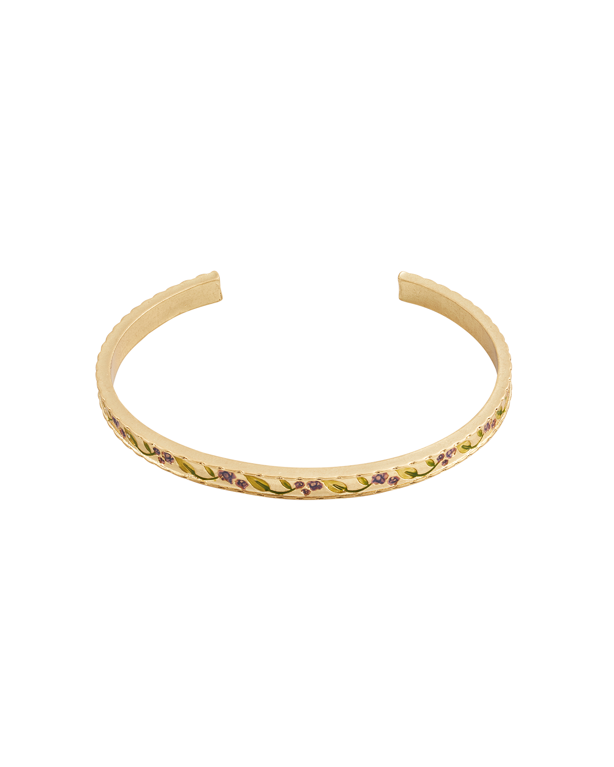 Gold bangle with floral design on a white background