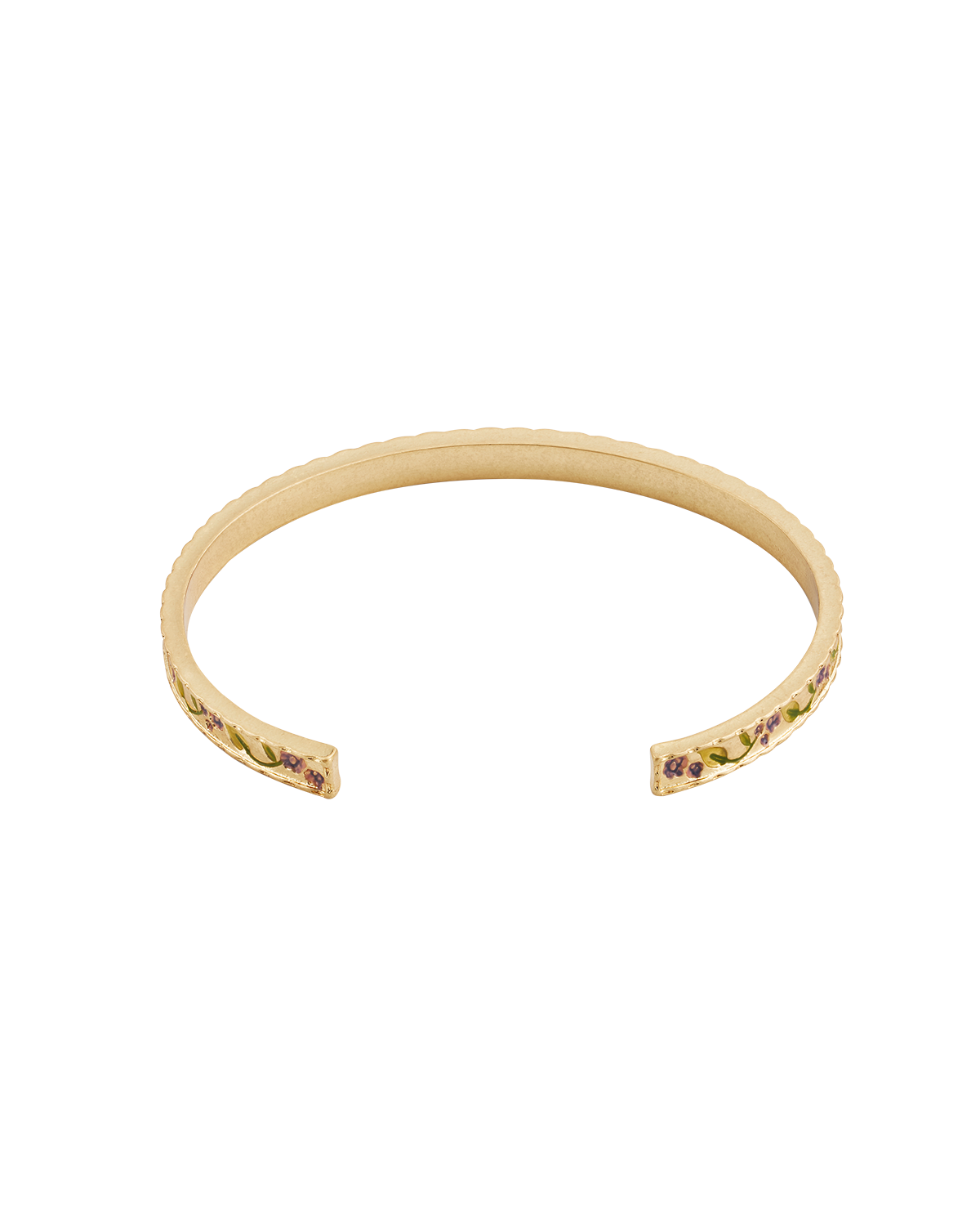 Gold bangle with floral design on a white background