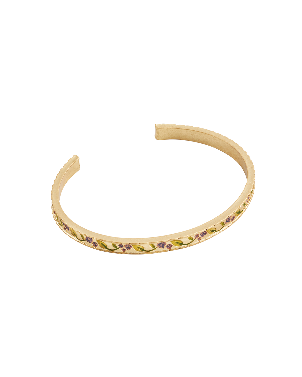 Gold bangle with floral design on a white background