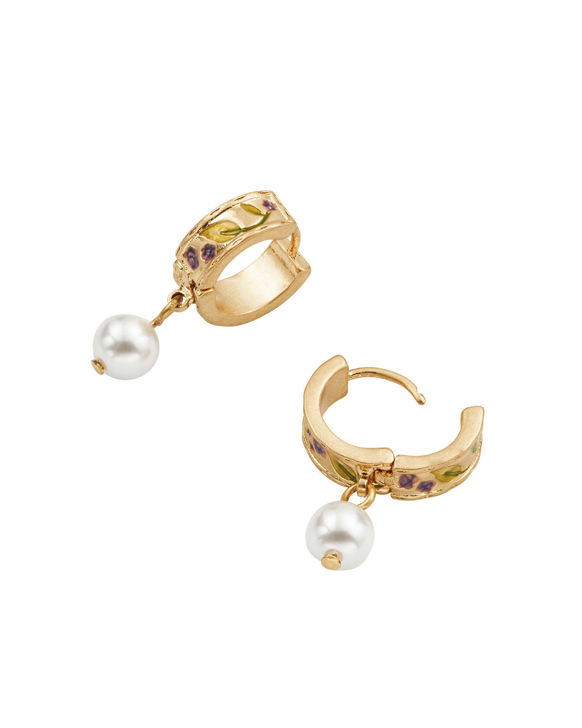 Gold hoop earrings with pearl drops on a white background