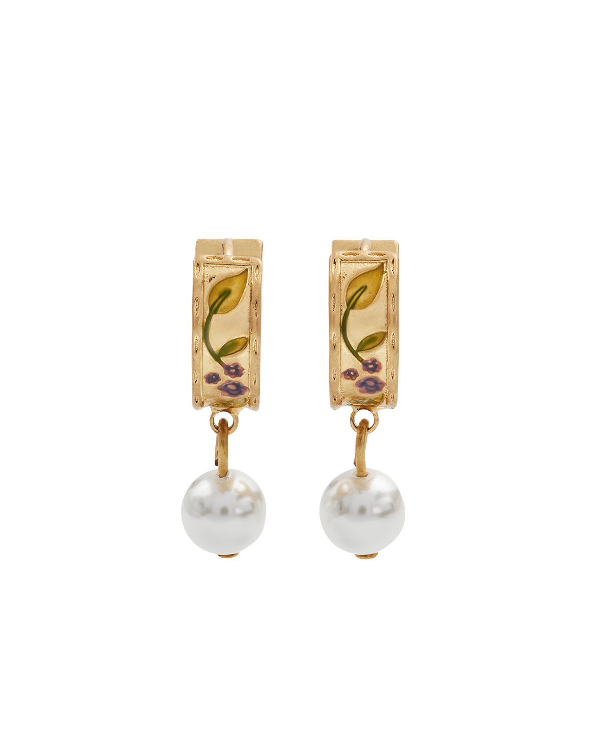 Pair of earrings with floral design and pearl-like beads on a white background
