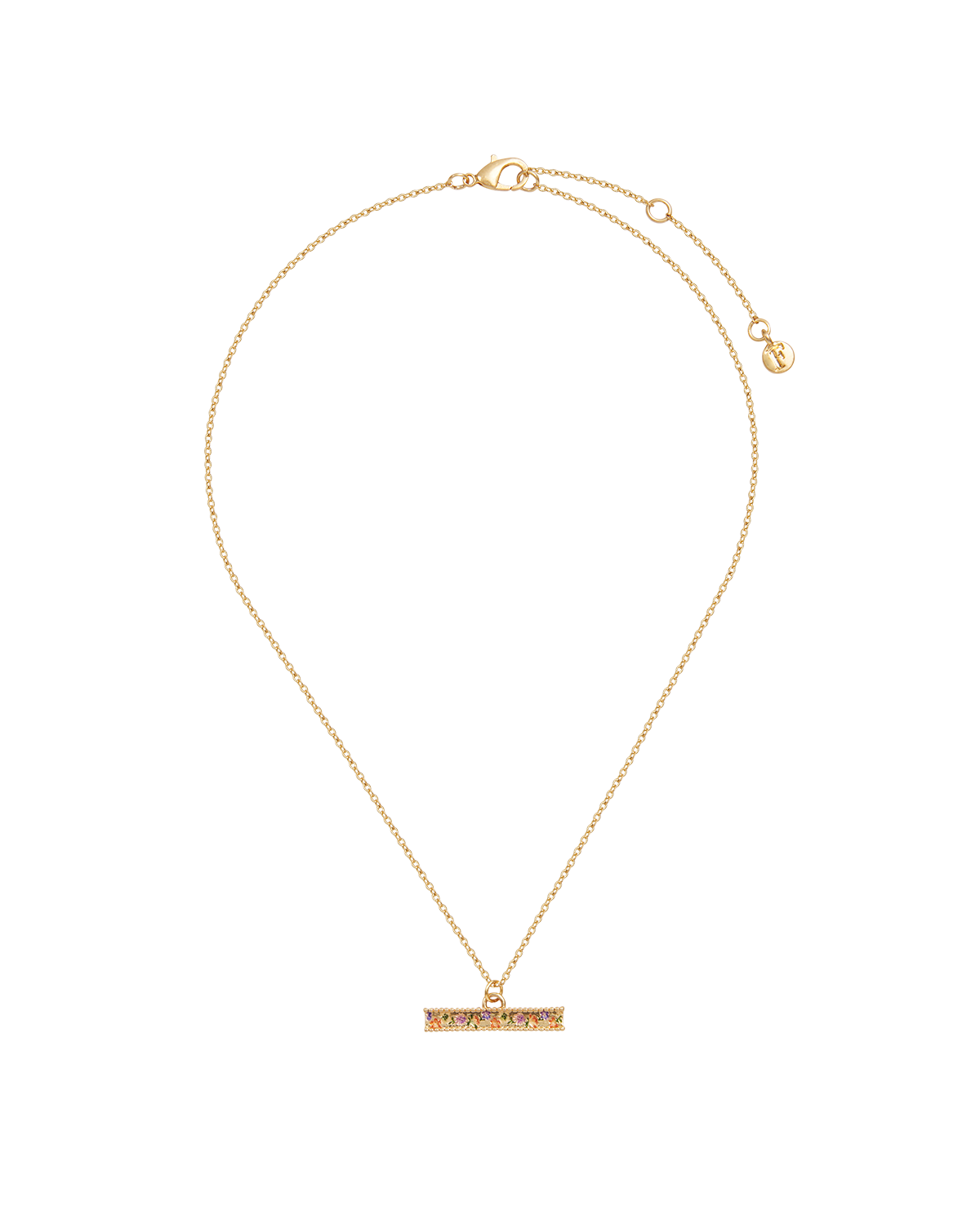 Gold necklace with a bar pendant on a white background