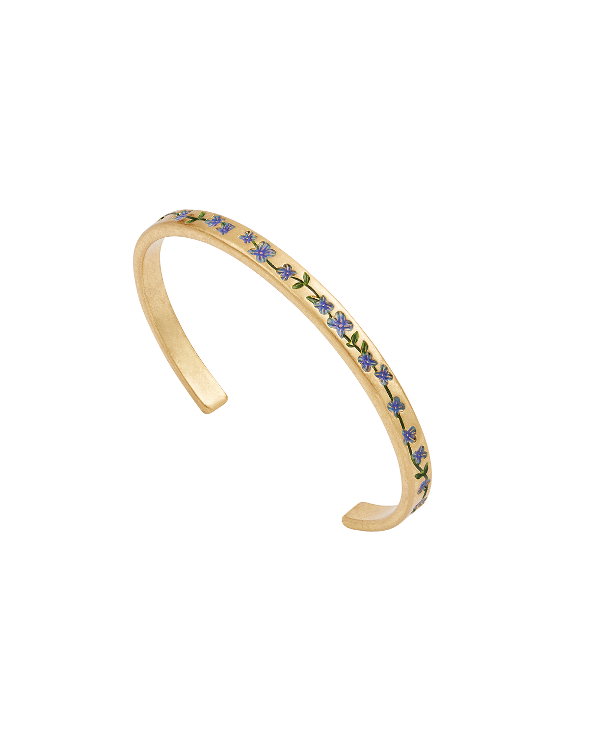 Gold bracelet with blue forget me not floral designs on a white background