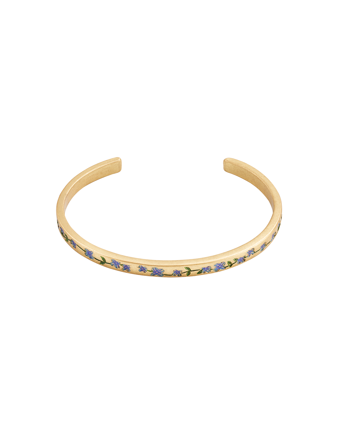 Gold bracelet with blue forget me not flowers on a white background