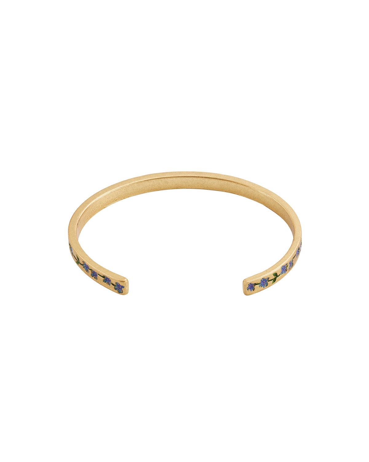 Gold bracelet with blue forget me not flowers on a white background