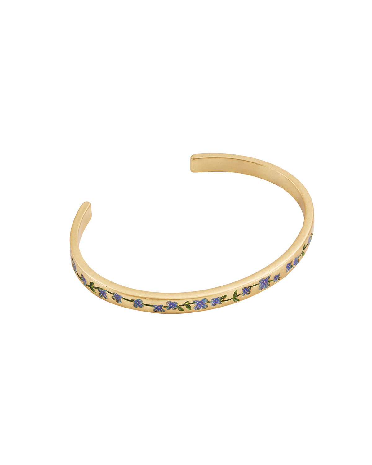 Gold bracelet with blue forget me not floral designs on a white background