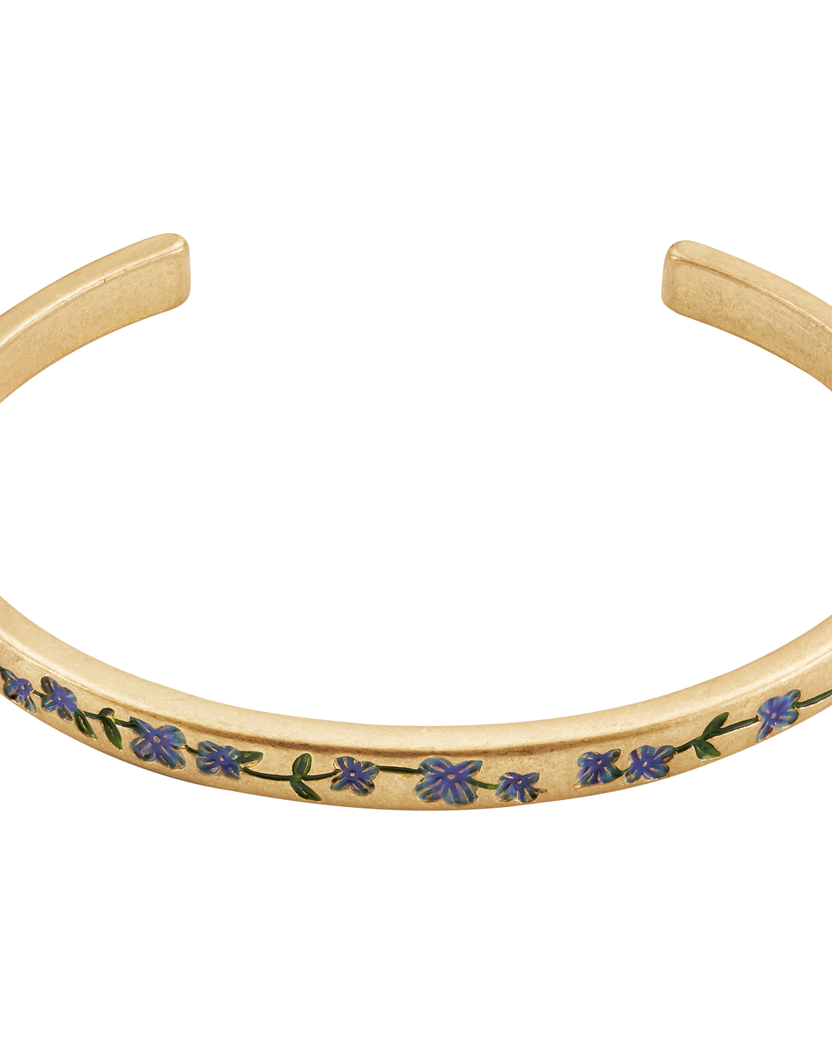 Gold bangle with blue forget me not floral design on a white background
