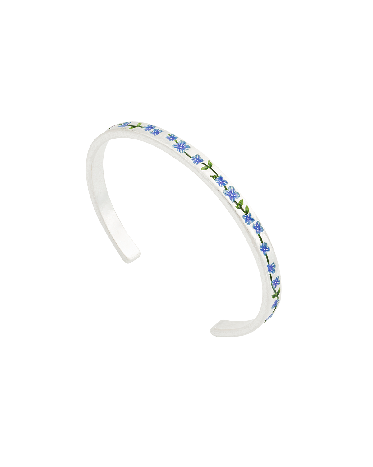 Silver bangle with blue forget me not floral pattern on a white background