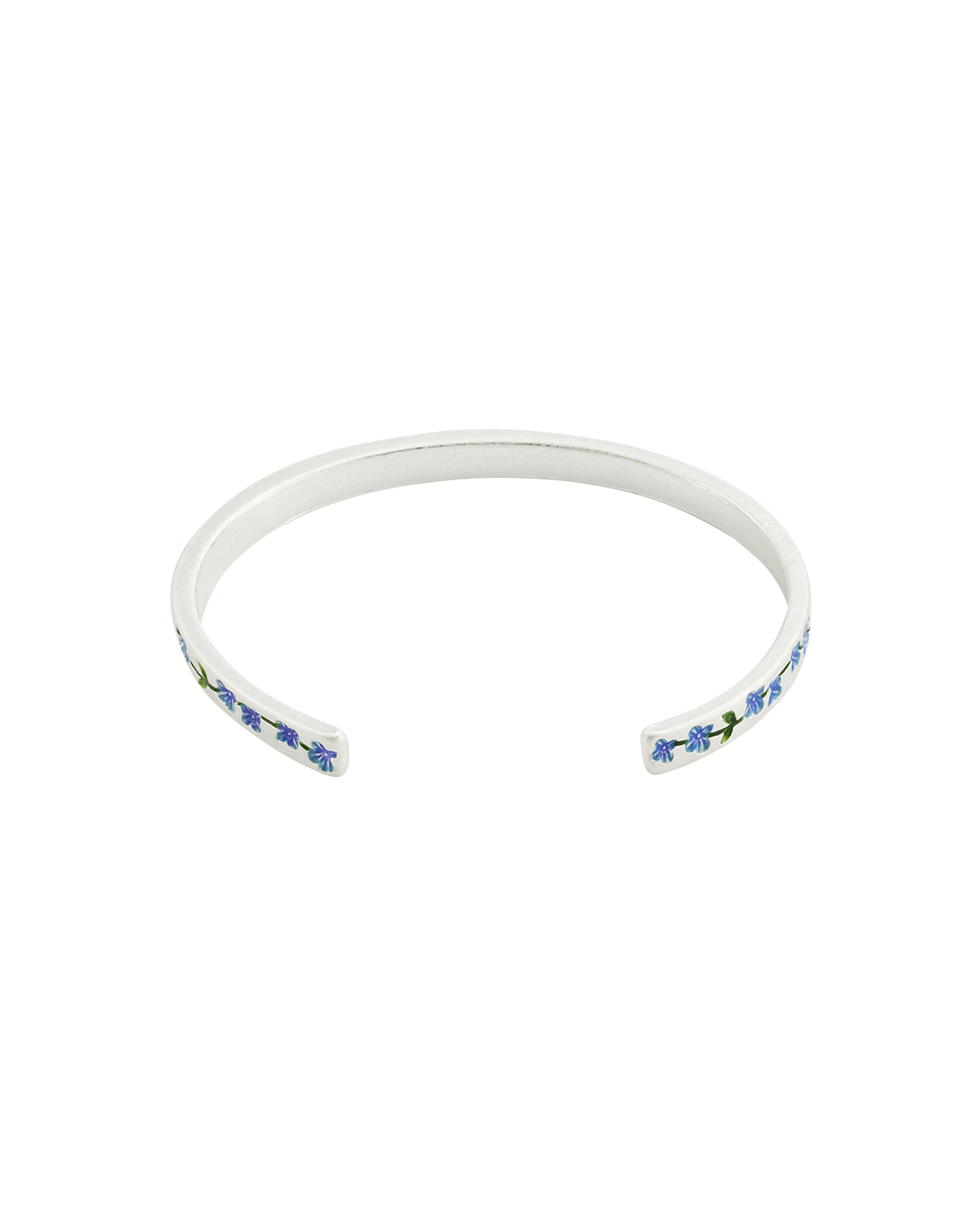 Silver bangle with blue forget me not floral patterns on a white background