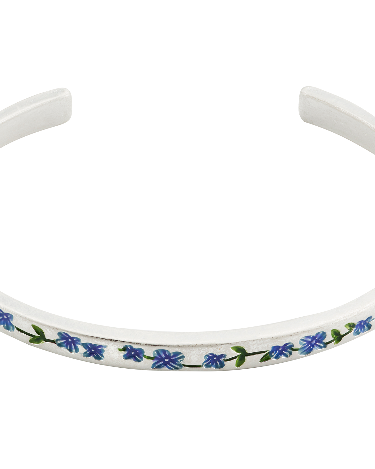 Silver bangle with blue forget me not floral pattern on a white background