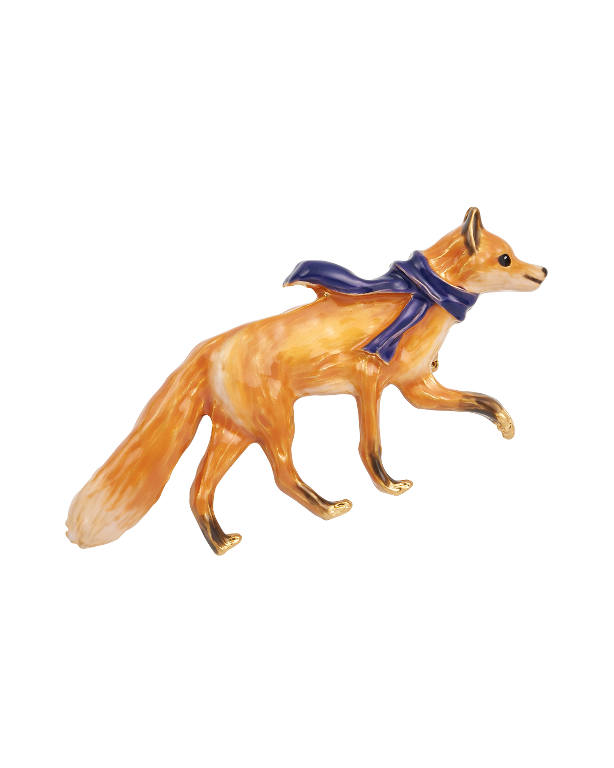 Fox enamel brooch with a blue cosy scarf on a white background