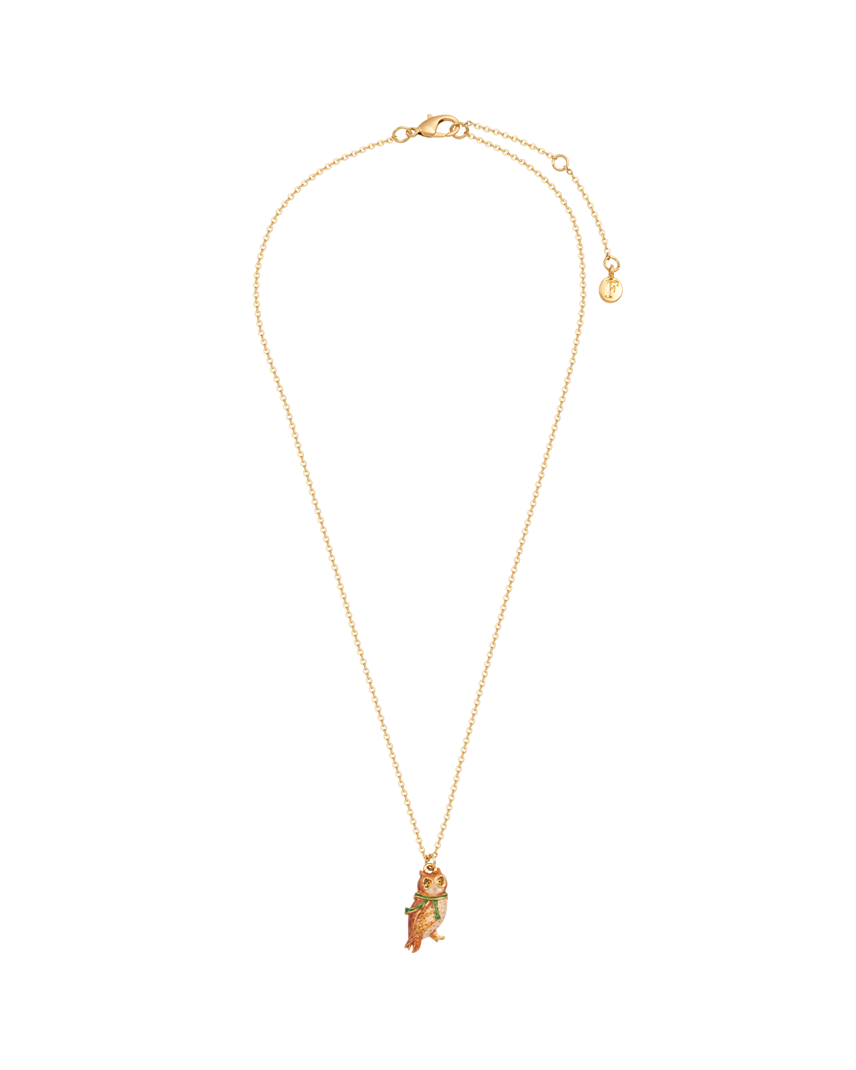 Gold necklace with a green pendant on a white background