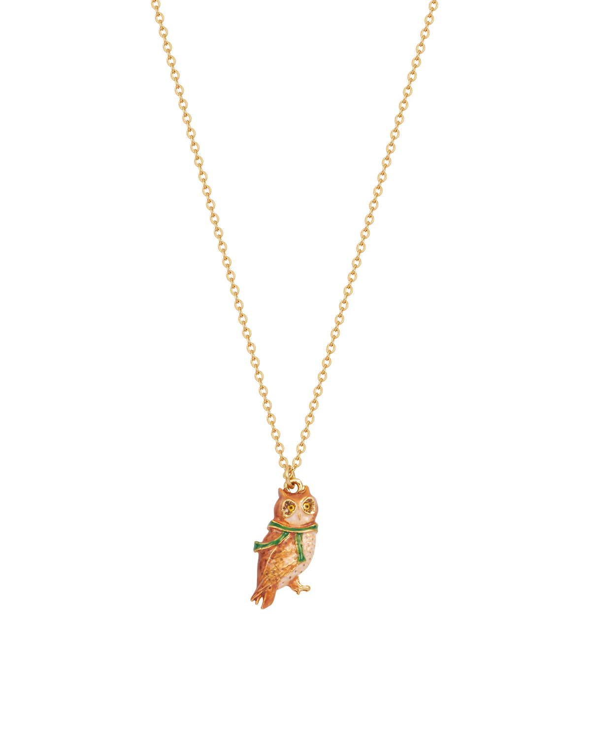 Gold owl pendant necklace on a white background