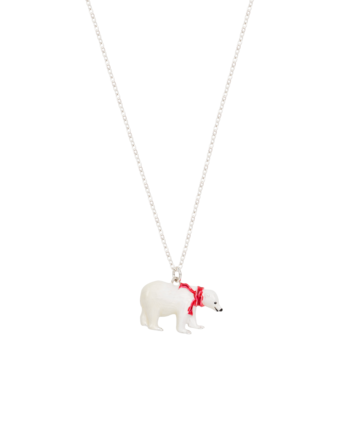 Necklace with a polar bear pendant wearing a red scarf on a white background