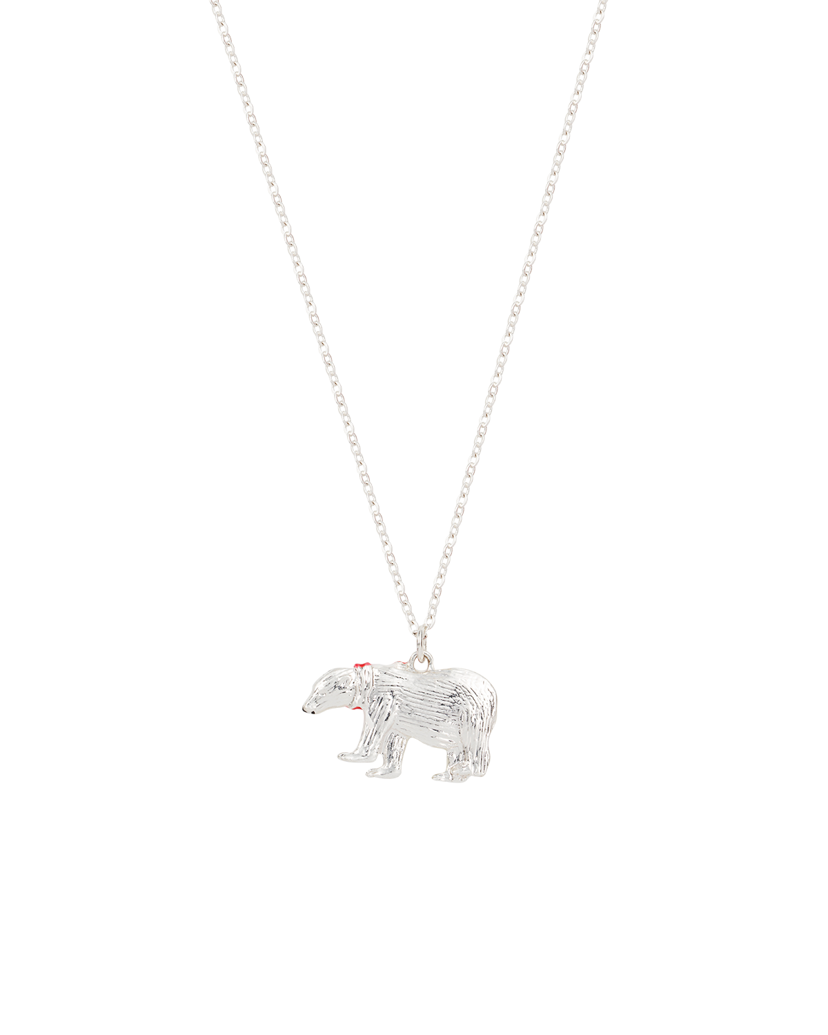 Silver polar bear pendant on a chain against a white background
