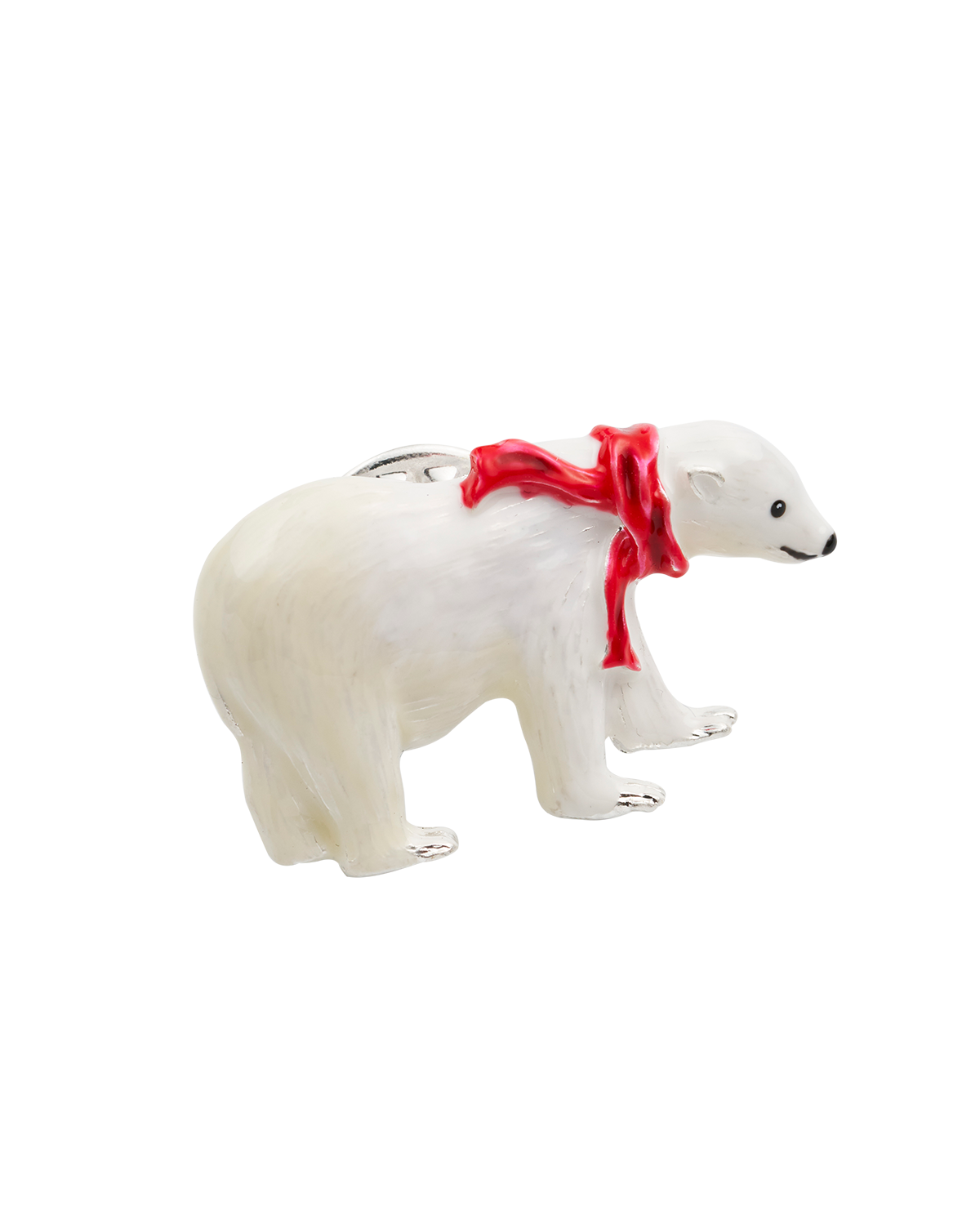 White polar bear brooch wearing a red scarf on a white background