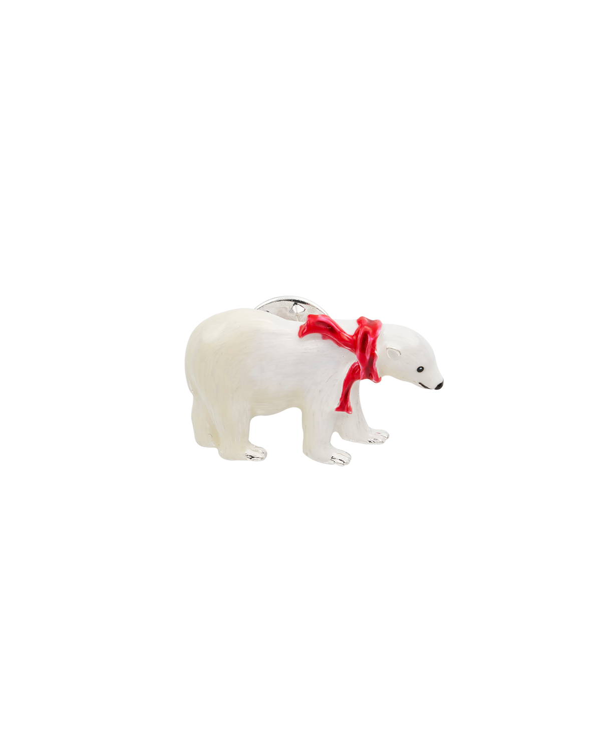 White polar bear brooch with a red scarf on a white background