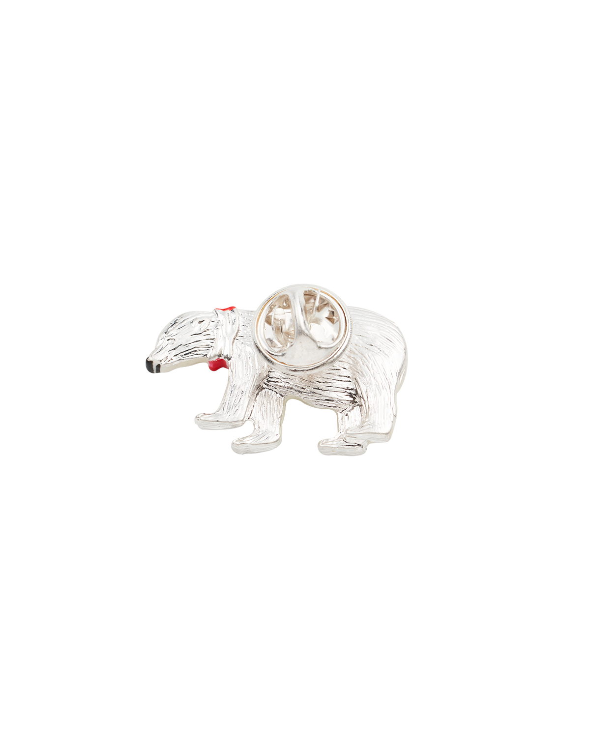 Silver bear-shaped brooch on a white background
