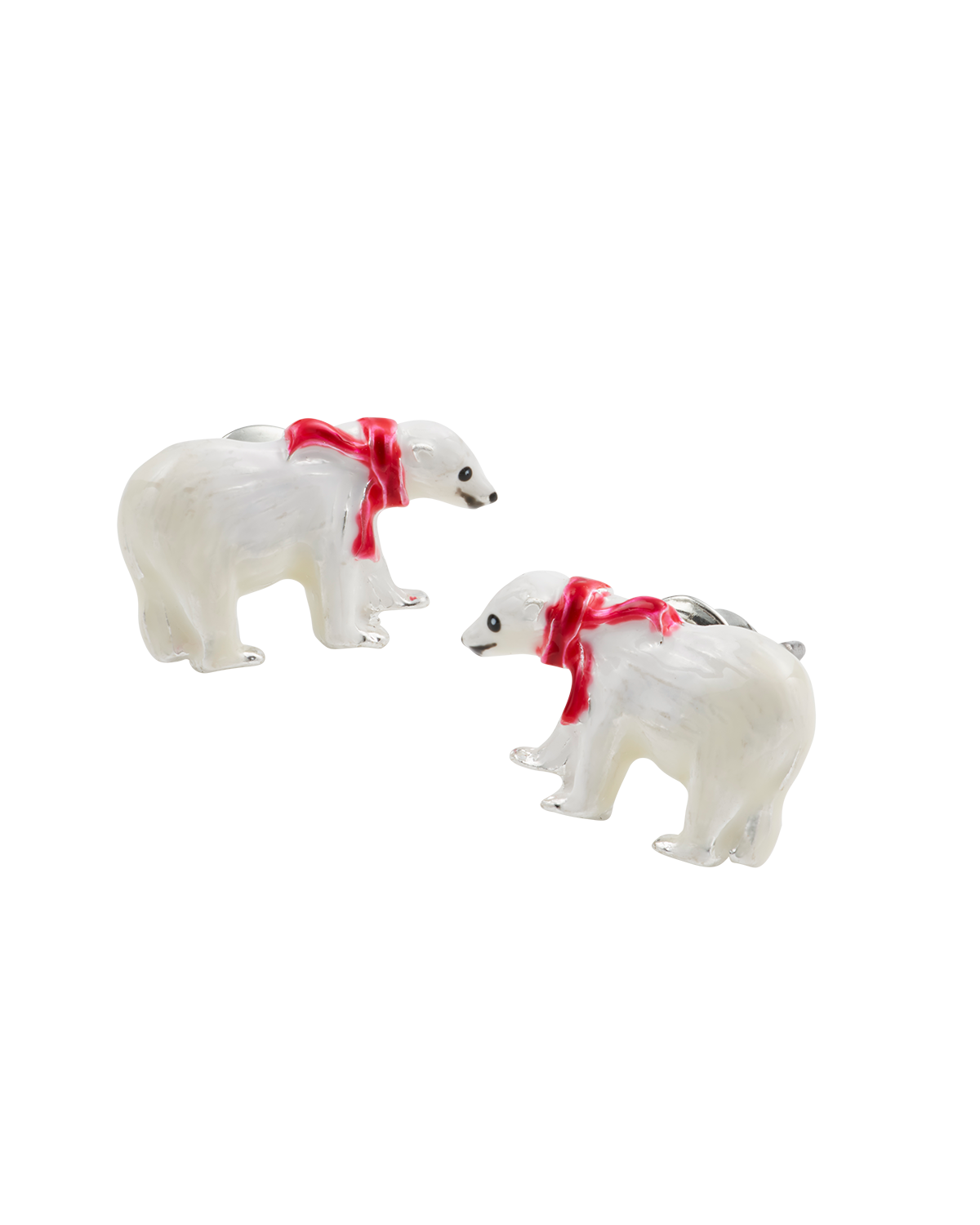 Two polar bear stud earrings with red scarf on a white background