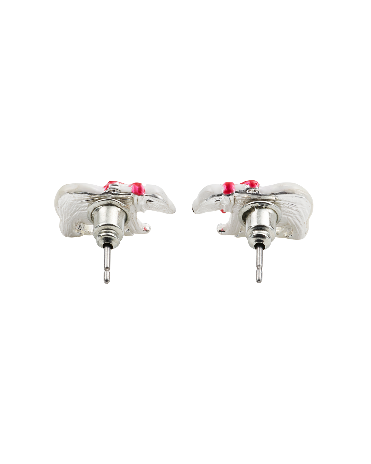 Two silver polar bear earrings with red scarves on a white background