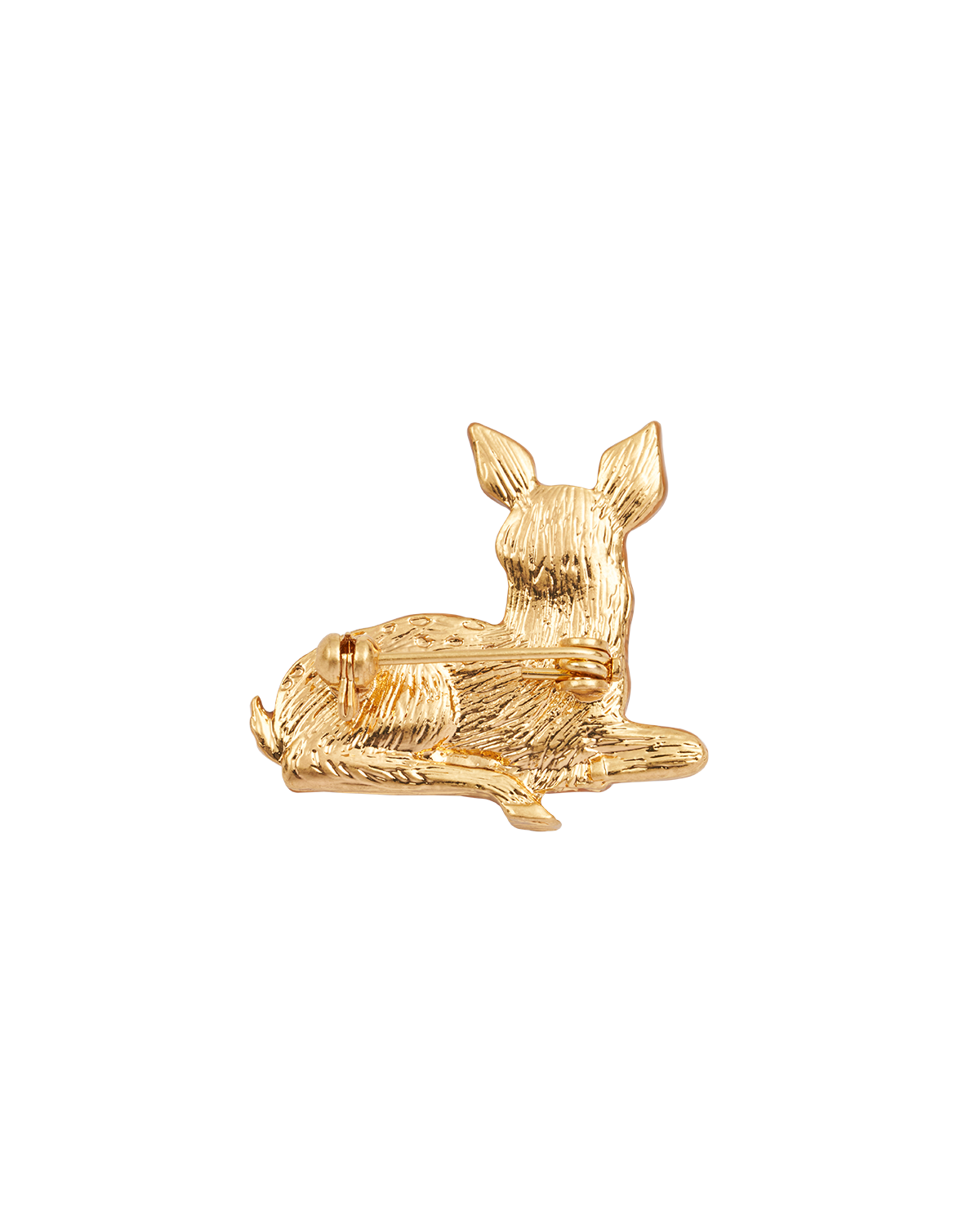 Back of gold deer brooch on a white background