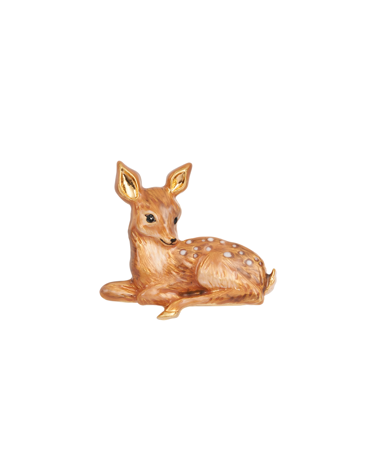 Gold deer enamel brooch on a white background