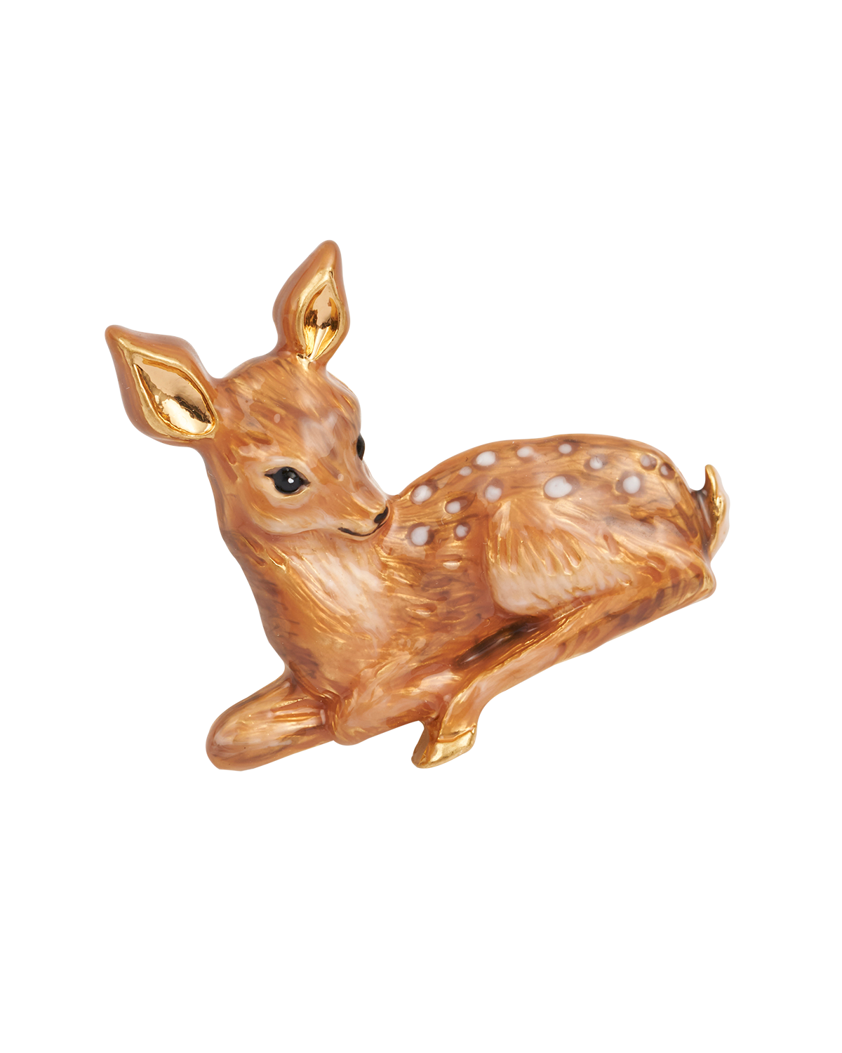 Gold deer enamel brooch on a white background