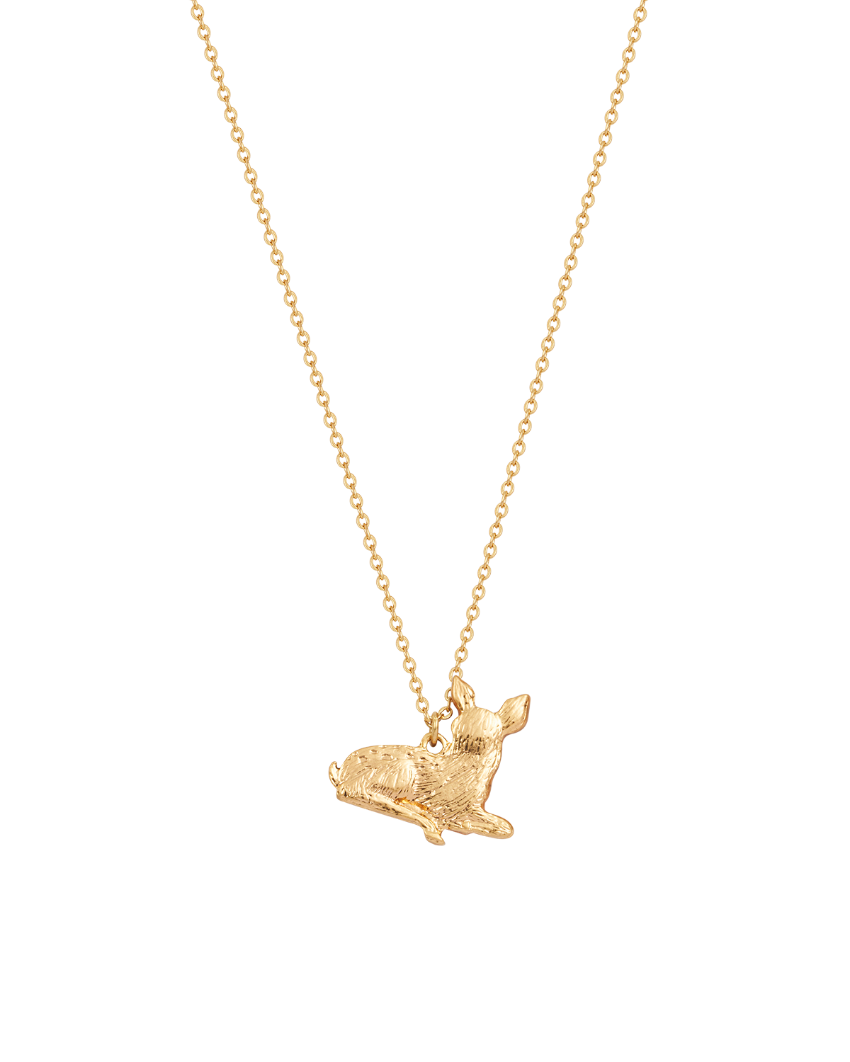 Back of gold fawn pendant necklace on a white background