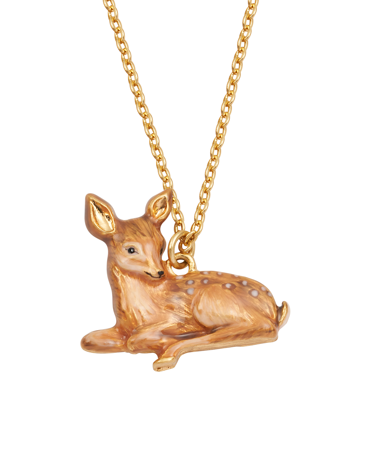 Gold fawn pendant on a gold chain against a white background