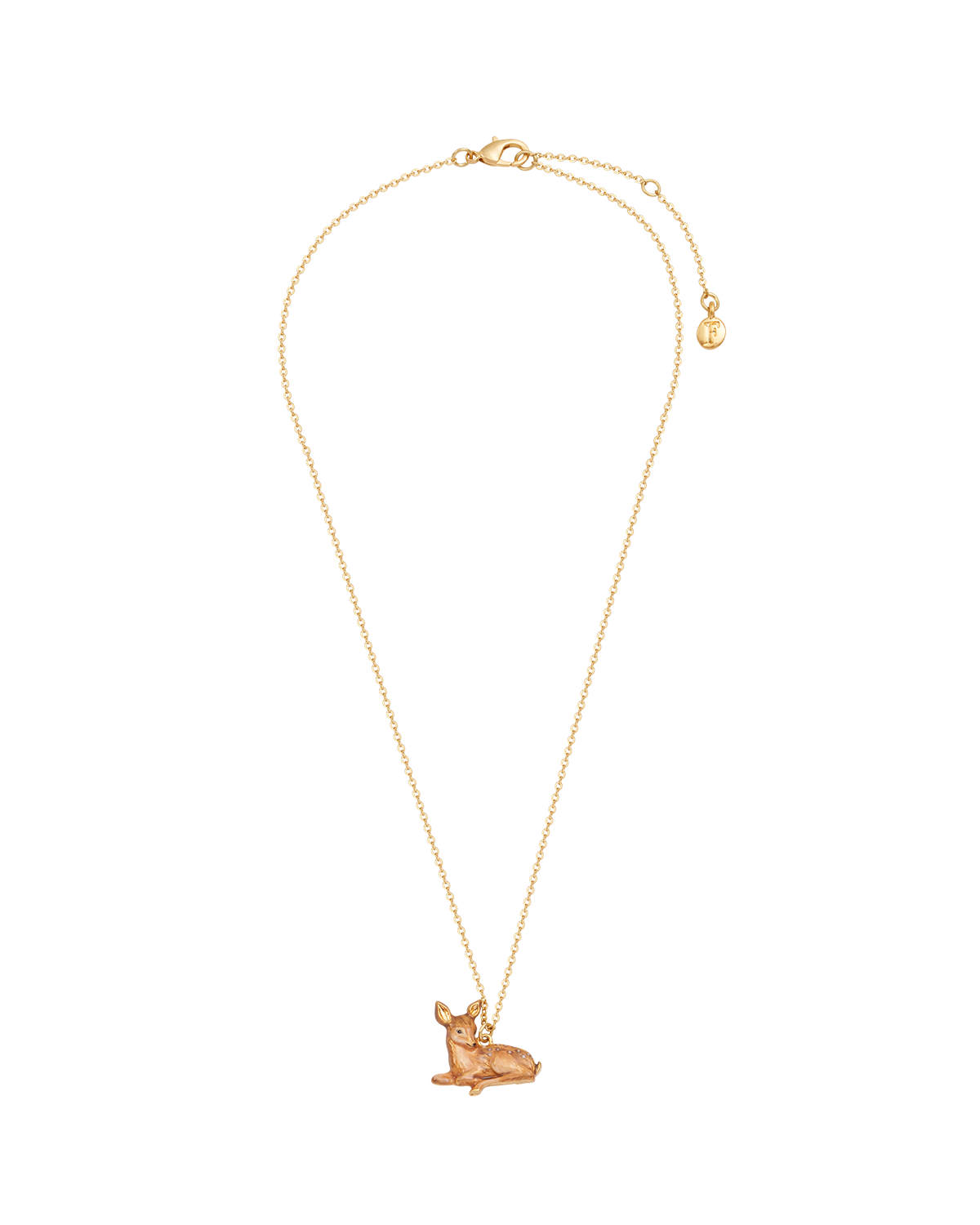 Gold necklace with a fawn pendant on a white background