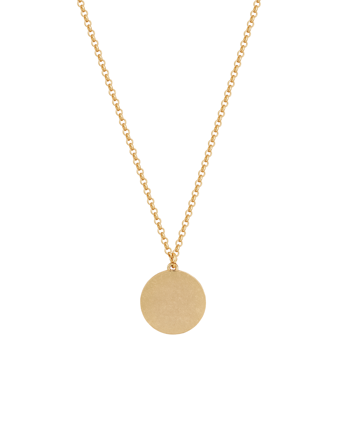 Gold necklace with a round pendant on a white background