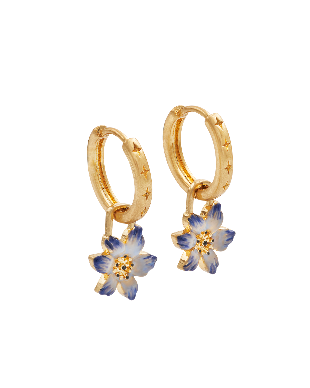 Gold hoop earrings with blue flower charms on a white background