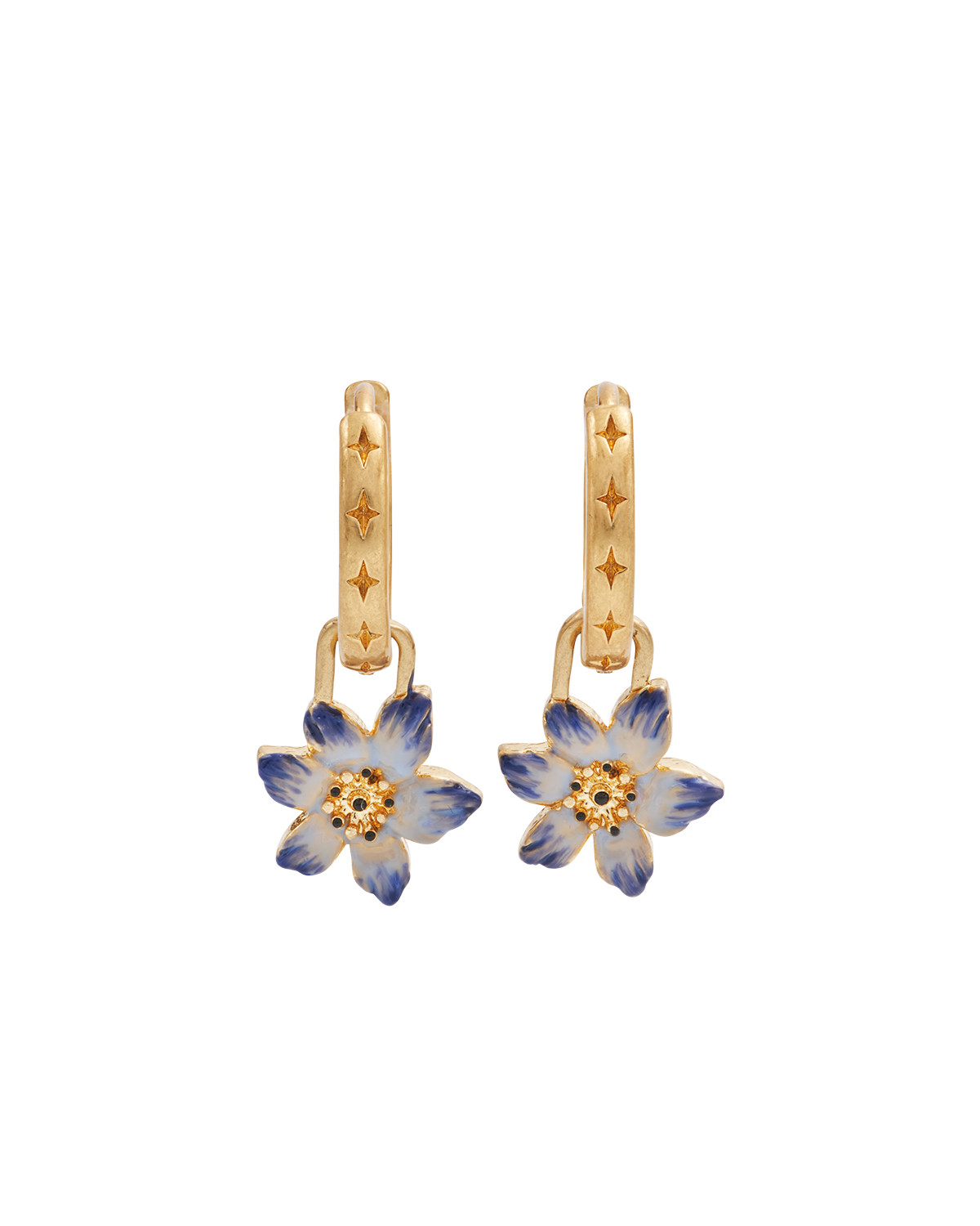 Gold hoop earrings with blue flower-shaped charms on a white background
