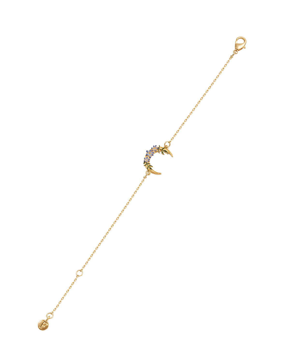 Gold bracelet with a floral moon pendant on a white background