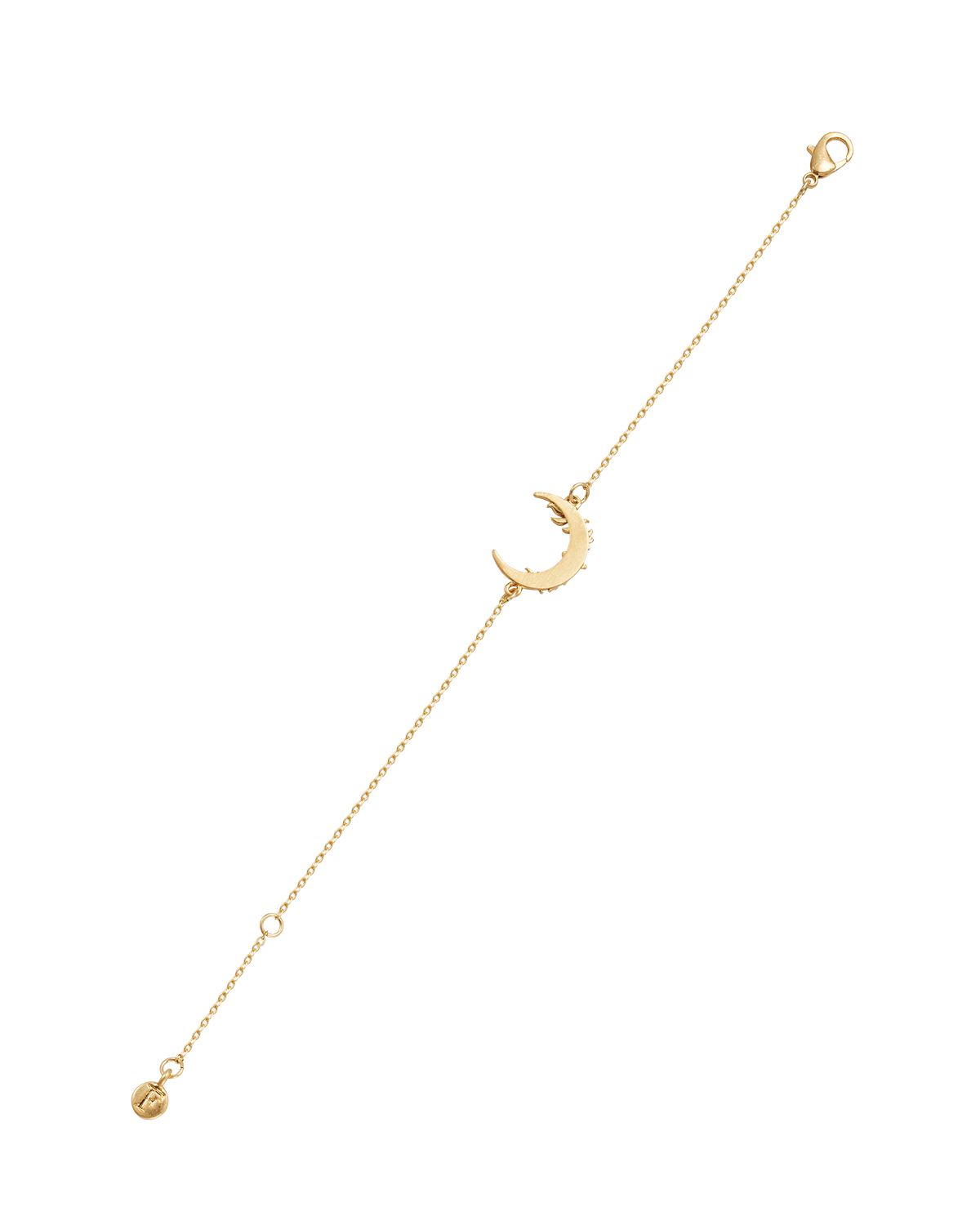 Gold bracelet with a floral moon pendant on a white background