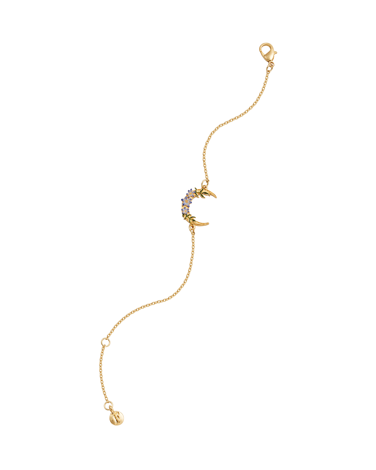 Gold bracelet with a floral moon on a white background