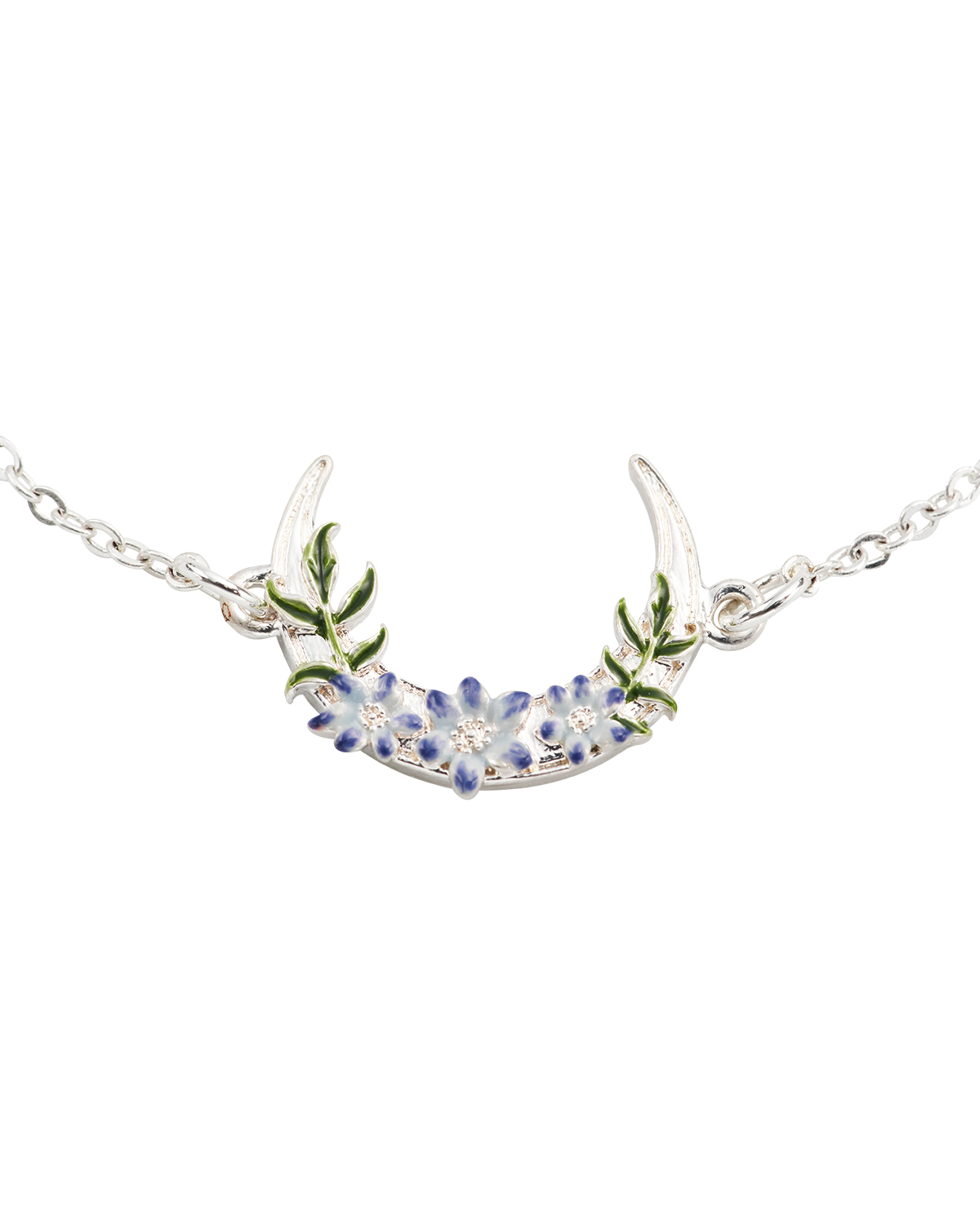 Silver bracelet with floral moon design on a white background