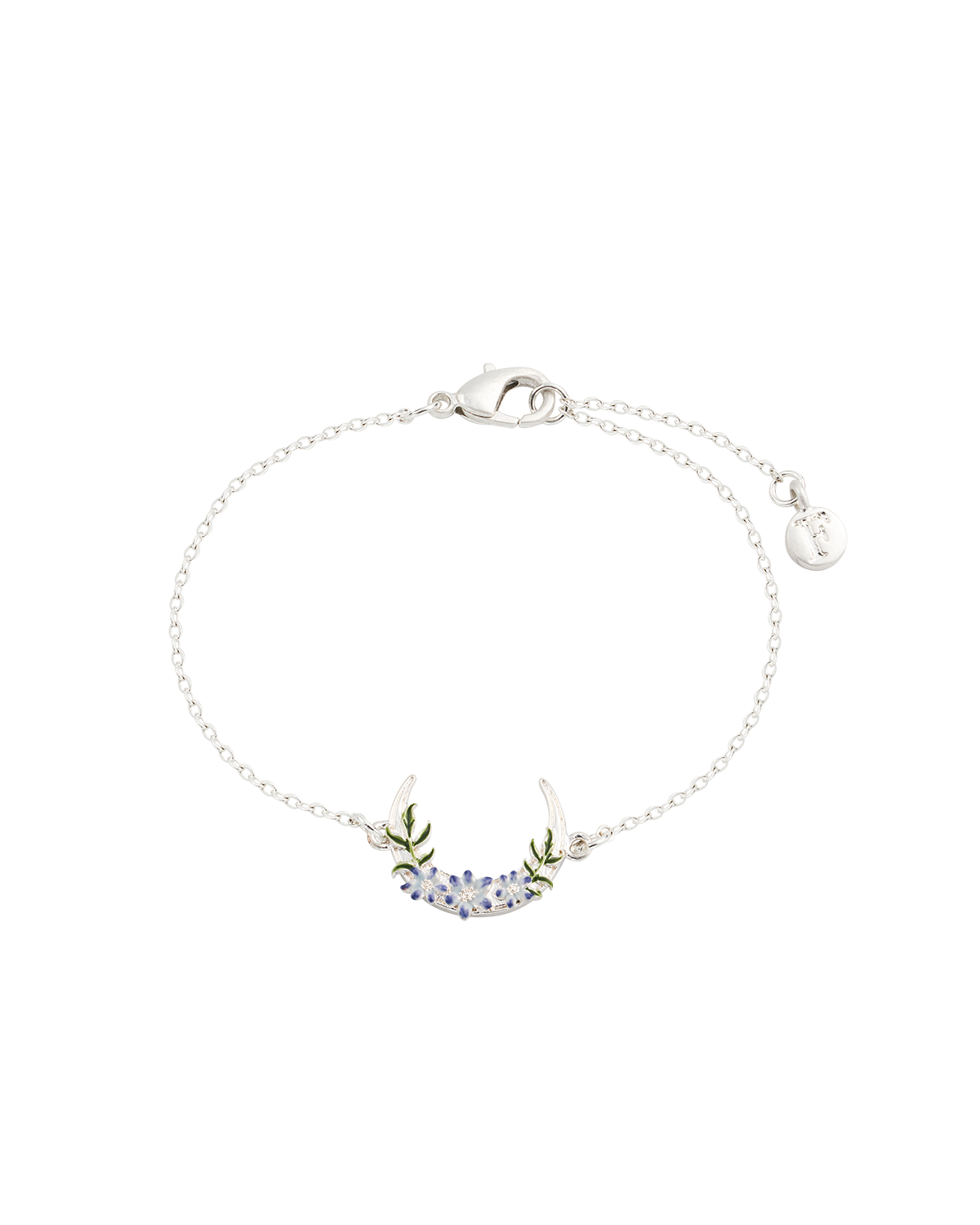 Silver bracelet with floral moon design on a white background