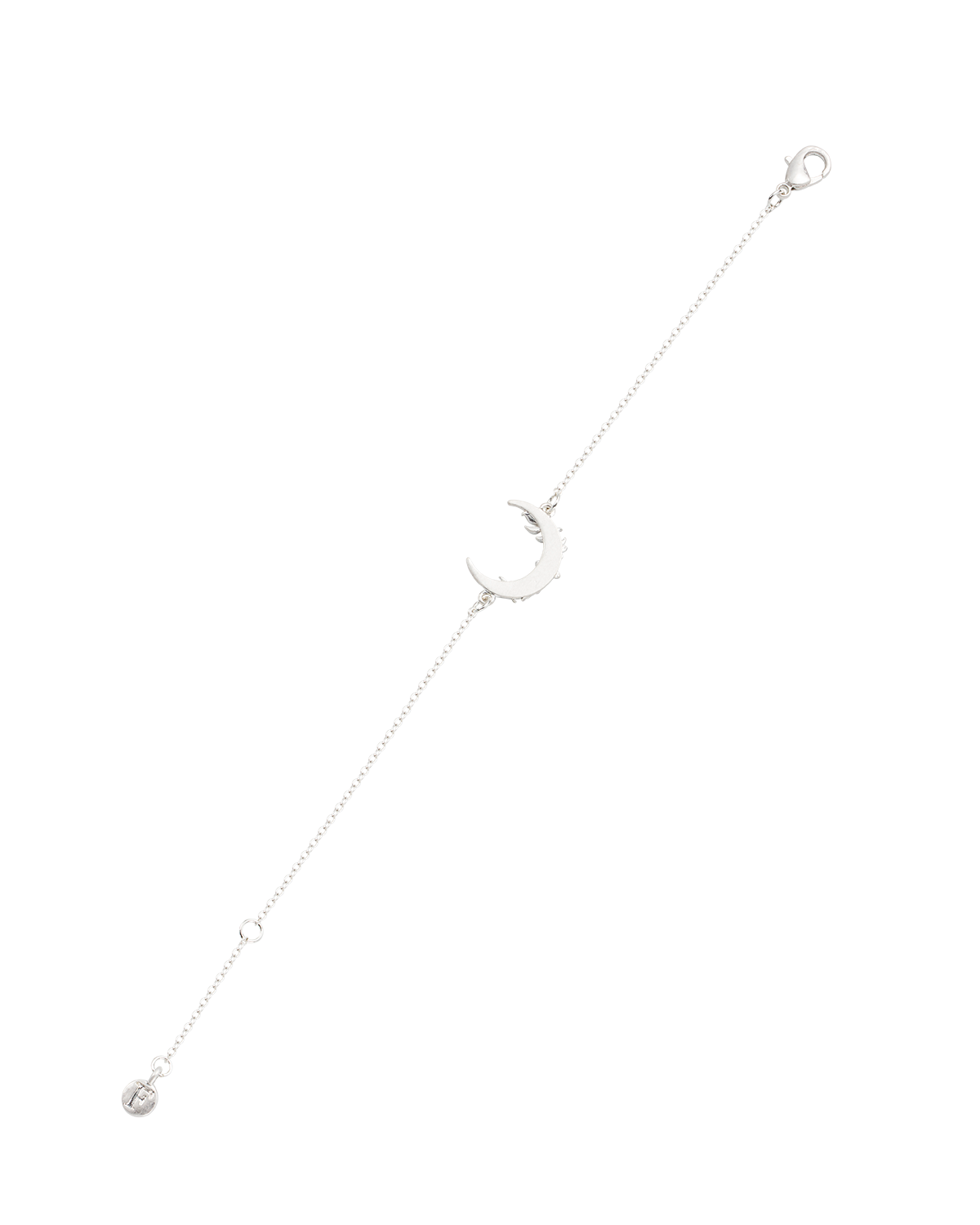 Silver floral moon pendant bracelet on a white background