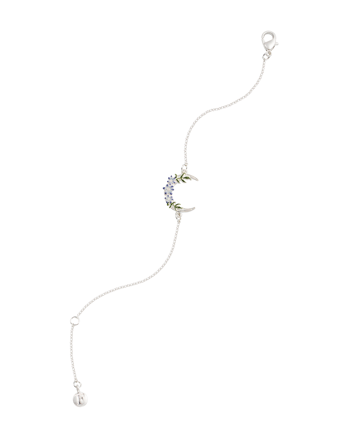 Delicate silver bracelet with floral moon pendant on a white background