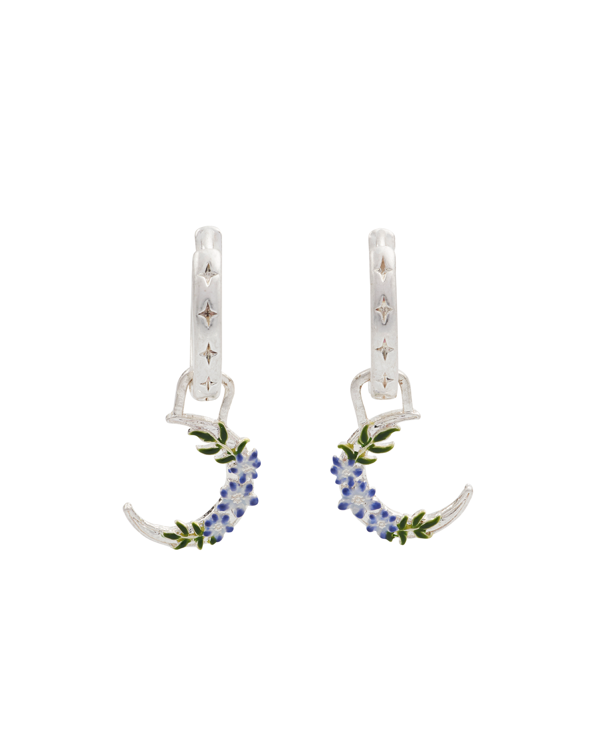 Silver huggie earrings with floral moon design on a white background